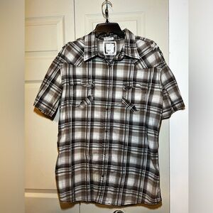 Buckle Snap Front Button Down Shirt, Slim Fit Stretch XXL, Brown/White